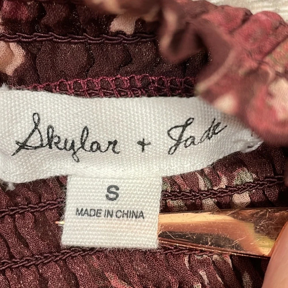 Skylar & Jade Burgundy Sheer Floral Long Sleeve Blouse Lace Ruffle Detail S - Picture 11 of 12